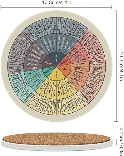 Miniatura 2 de Wheel of Emotions - Juego de 4 posavasos redondos absorbentes de cerámica con base de corcho, tapete para mesa de café, mesa de madera, terapia del