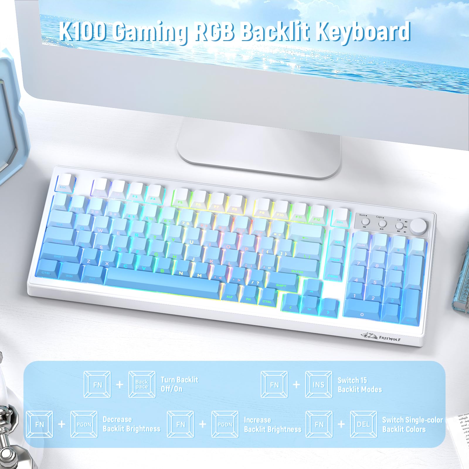 ZIYOU LANG K100 Teclado Gaming Inalámbrico Layout US, Conexión Tri-Modo (BT/2.4G/Cable) Teclado de Membrana con Perilla, 102 Teclas PBT Gradiente, 4000mAh RGB Backlit, para PC/Mac - Azul Glaciar