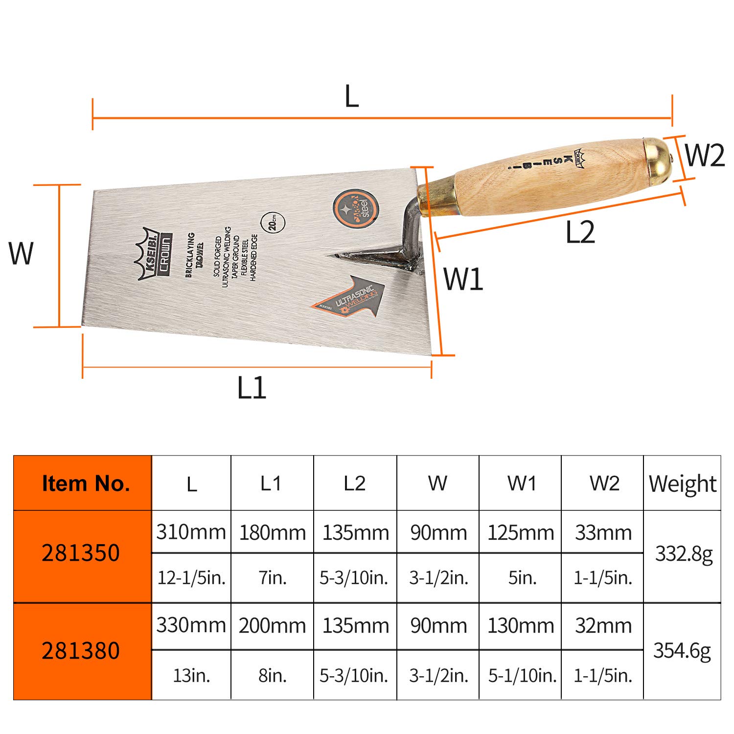KSEIBI 281380 - Paleta de ladrillo con mango de madera y punta cuadrada para albañilería (8 a 200 mm)