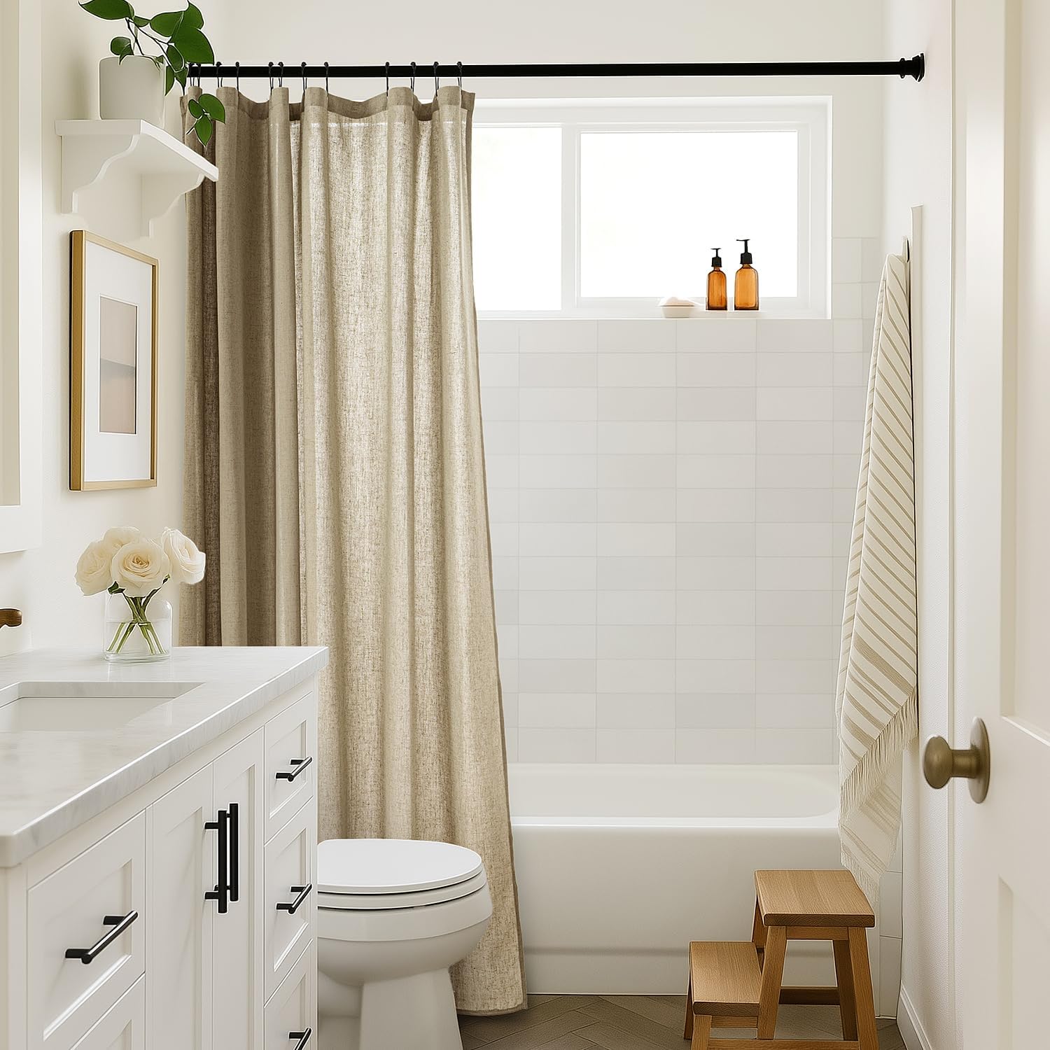 MIULEE Linen Shower Curtain with 12 Metal Hooks Washable Country Boho Farmhouse Heavy Buttonhole Fabric Shower Curtain Set Thick Cloth Neutral Waterproof Curtains for Bathroom W72*L72, Khaki