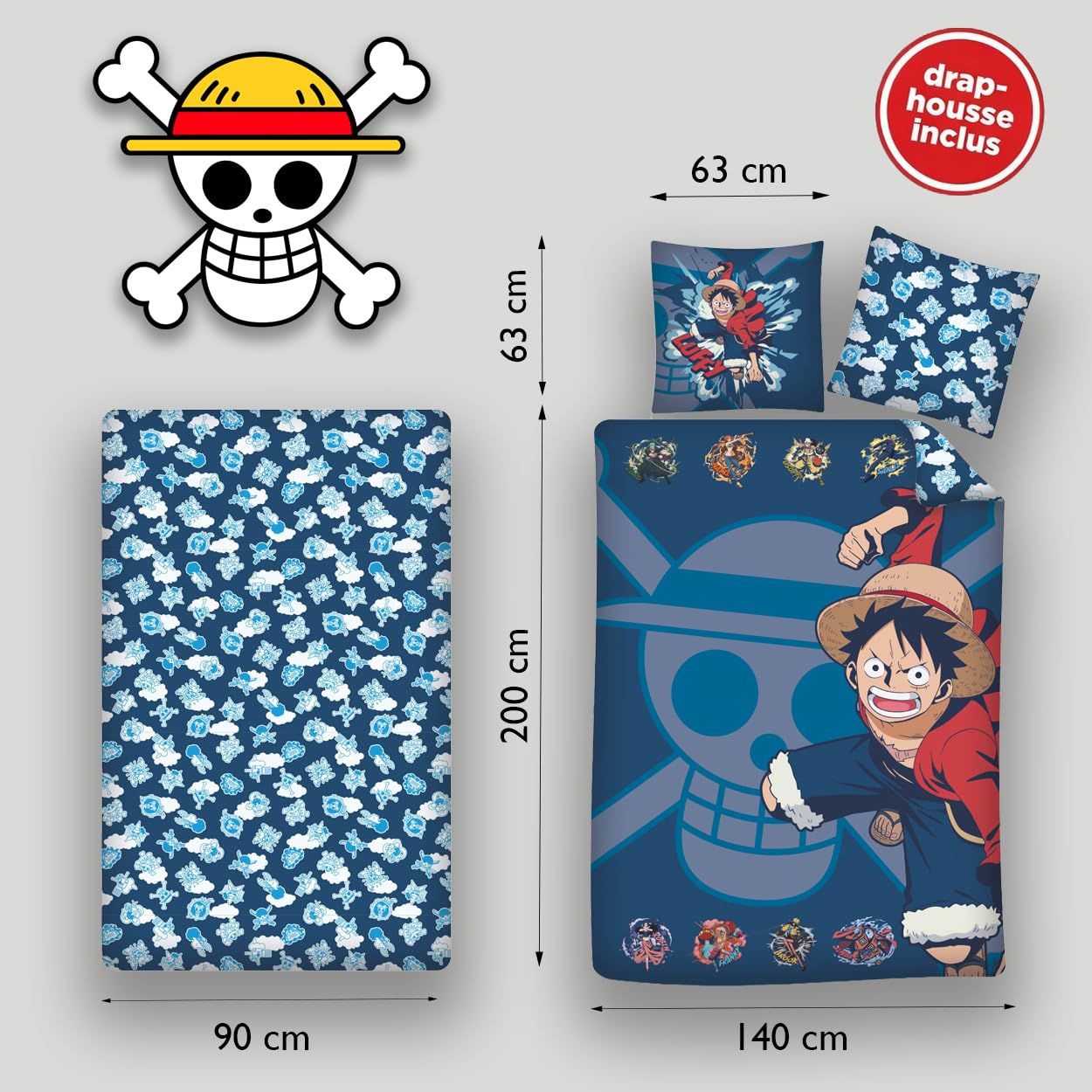 One Piece Juego Cama 3 Piezas Luffy 140x200 + Funda 63x63 + Sábana 90x200 | Microfibra Oeko-Tex | Compatible 90x190-200 | Luffy Jolly Roger | Licencia oficial | Niños 8-16 | Reversible