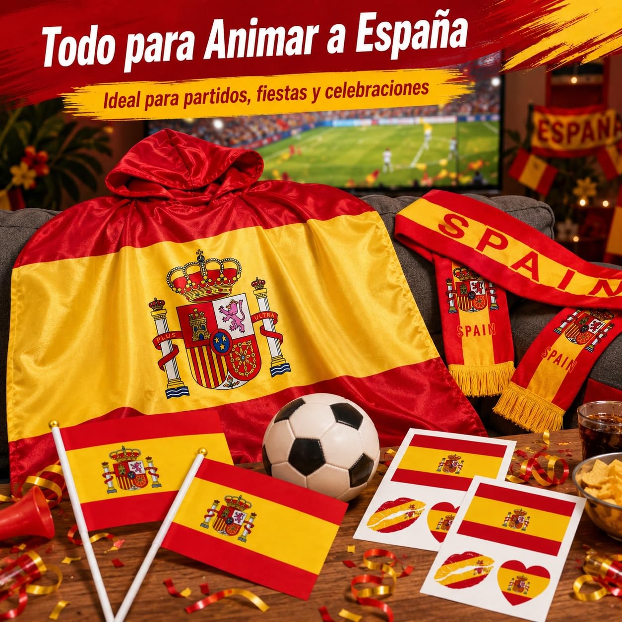 Kit de Animación Mundial 2026 con Capa Bandera de España y Bufanda España Mundial 2026, Pegatinas Faciales y Banderines de Mano para Celebración de Partidos y Estadios por Aficionados