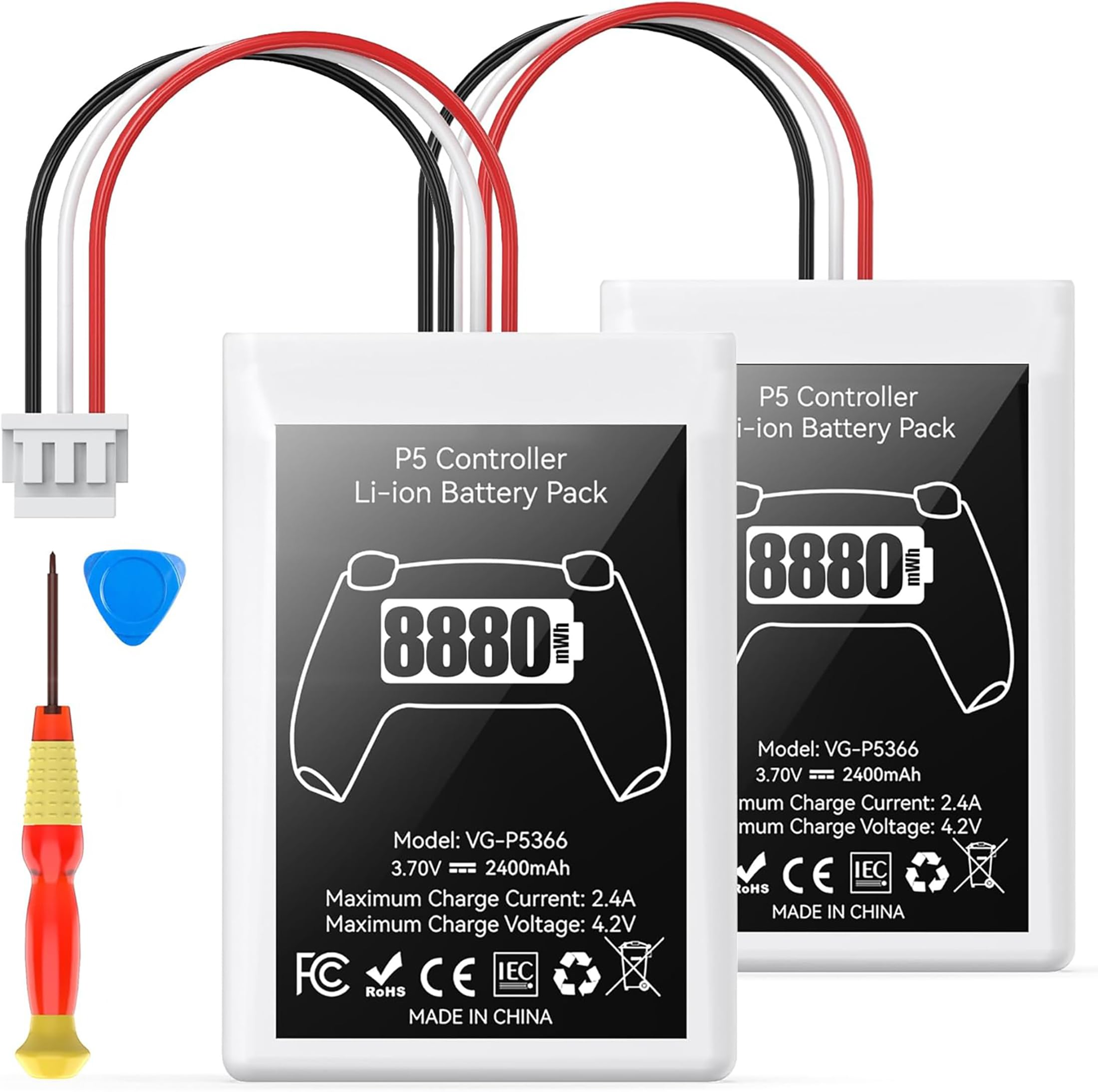 PS5 Controller Battery Pack, 2 Stück 8880mWh Li-Ionen Akku mit hoher Kapazität für Sony PS5 Controller CFI-ZCT1W, 53% mehr Ausdauer (Kapazität), Sicherer PS5 Controller Akku Ersatz