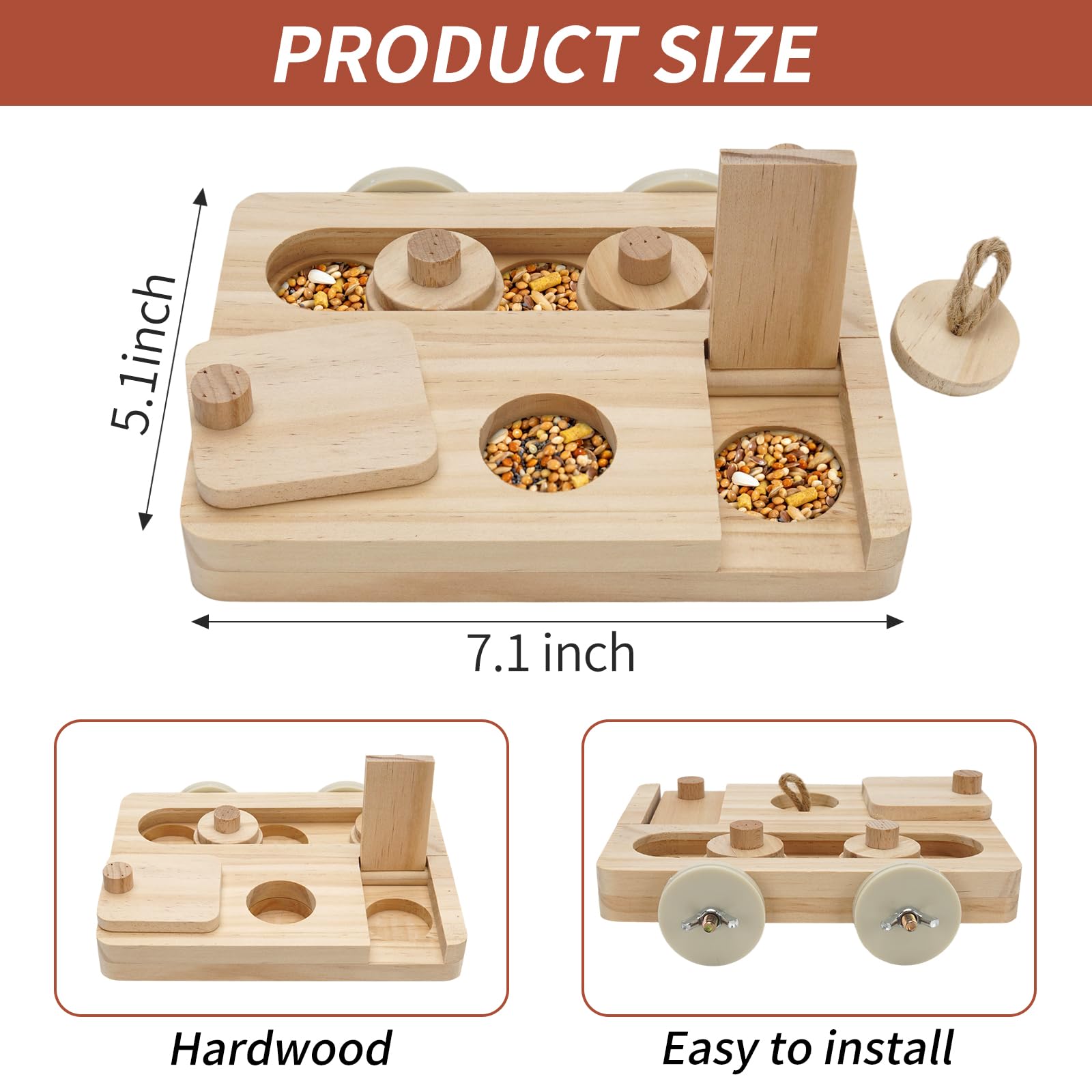 Wooden Bird Foraging Puzzle Toys for Small Parrots, Foraging Toys for Birds, Interactive Mental Enrichment and Seed Feeder Toy for Budgies, Parrotlets, Cage Foraging Training Toy (7.2" x 5.4" x 1.3") - image 2
