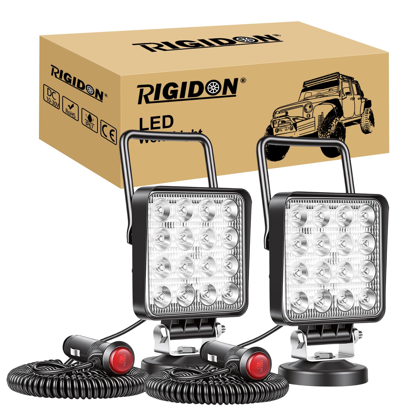 RIGIDON 2 Pcs Lámpara trabajo led portatil, 4 pulgadas 48W, Spot lámpara para off road camión coche todoterreno SUV 4x4 vehículos, Faros trabajo led con imán 12v 24v Spotlights, 6000K