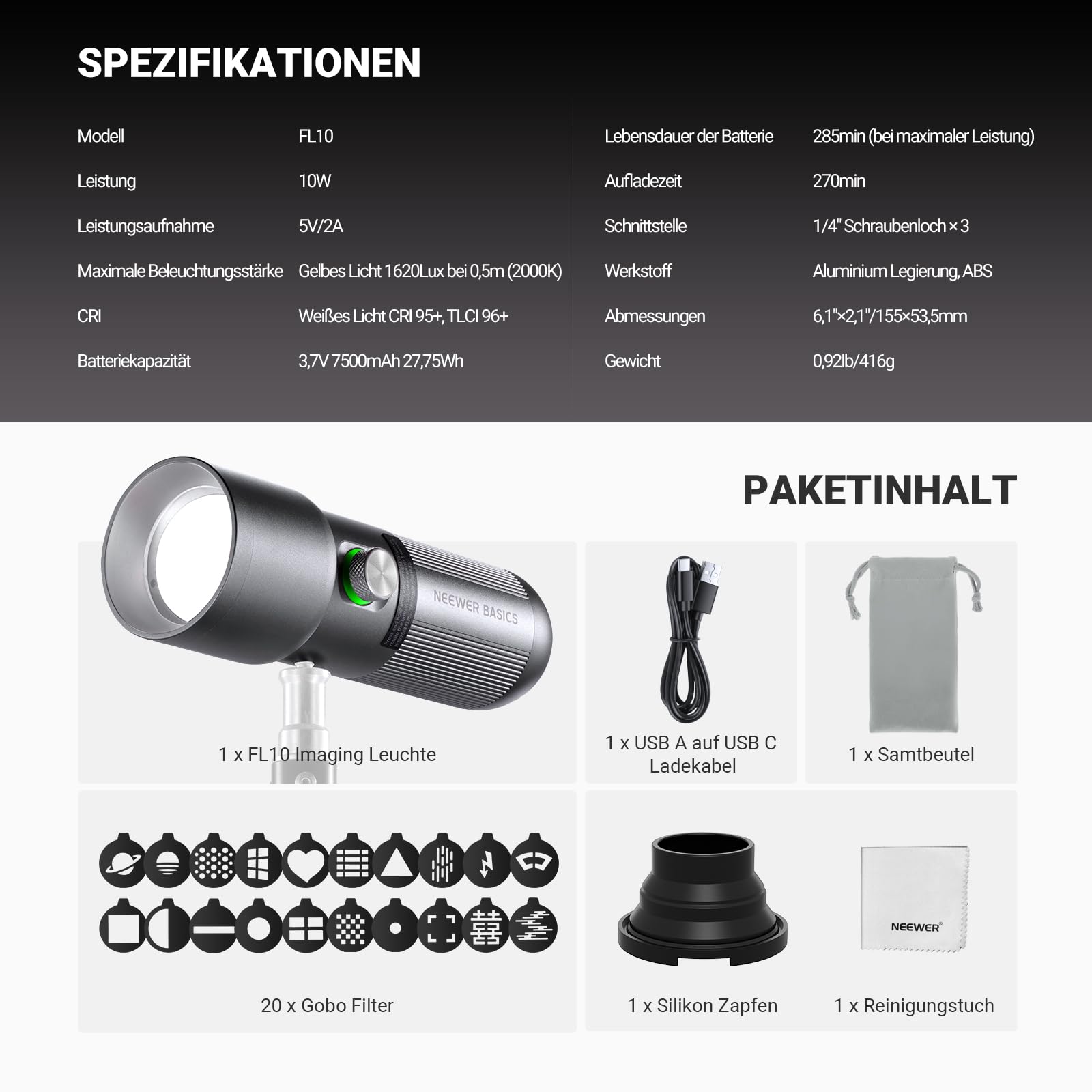 NEEWER Basics Taschenlampe für Fotografie, FL10 RGB LED Spotlight, 10W 6300K gemustertes Umgebungslicht aus Aluminium, 7500mAh/4 Farben/20 GOBO Filter/CRI95+, USB Sunset Video Fülllicht für Fotostudio