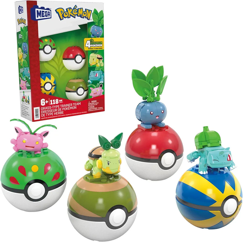 MEGA Pokémon Dresseur de Pokémon de type Plante Coffret de construction de 118 pièces comprenant les figurines articulées Bulbizarre, Tortipouss, Granivol et Mystherbe, idée de cadeau pour enfants