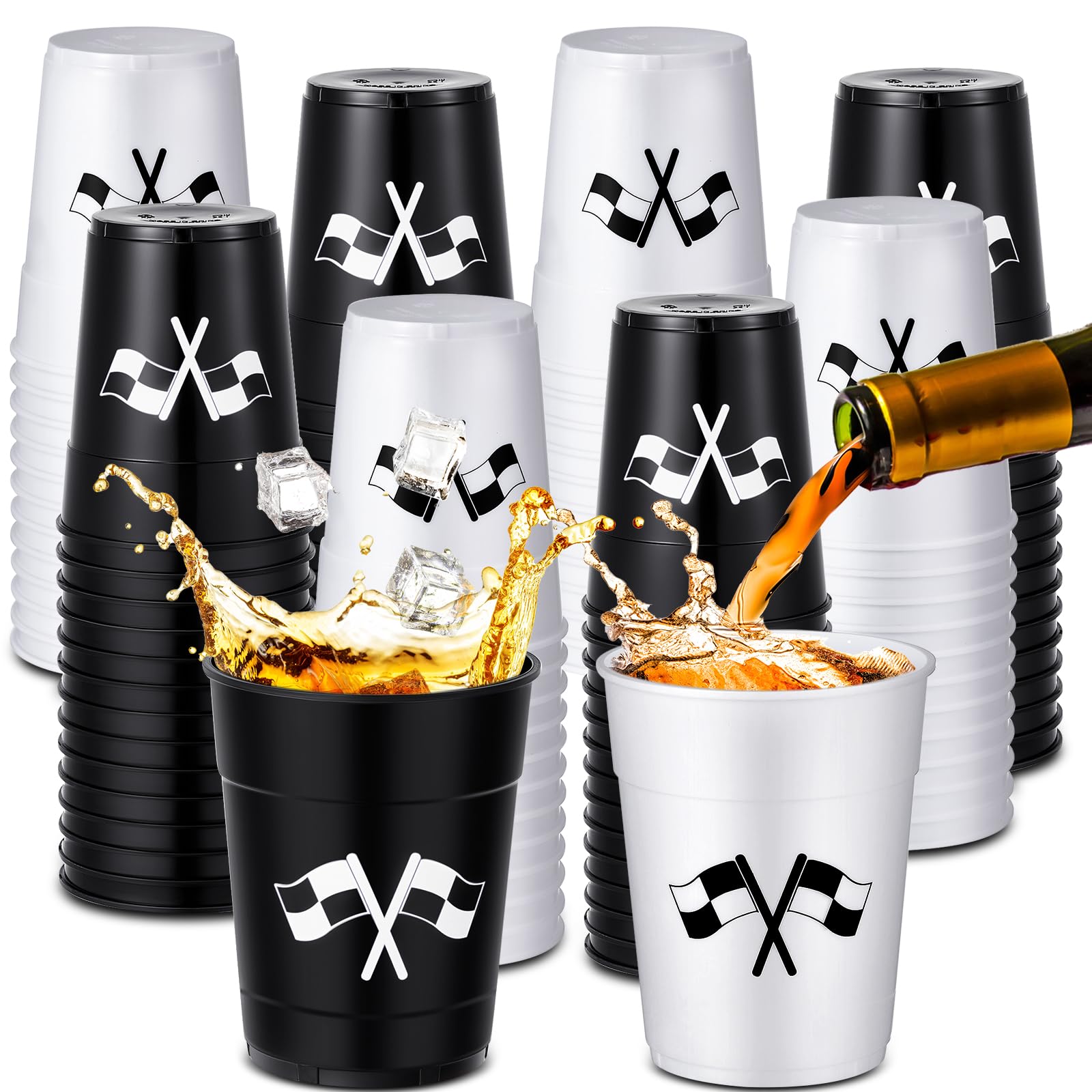 Hsei 100 Pcs Checkered Flag Plastic Cups 16oz Racing Party Disposable Beverage Cups Checkered Flag Party Supplies White and Black Race Car Cups for Checkered Racing Car Birthday Party