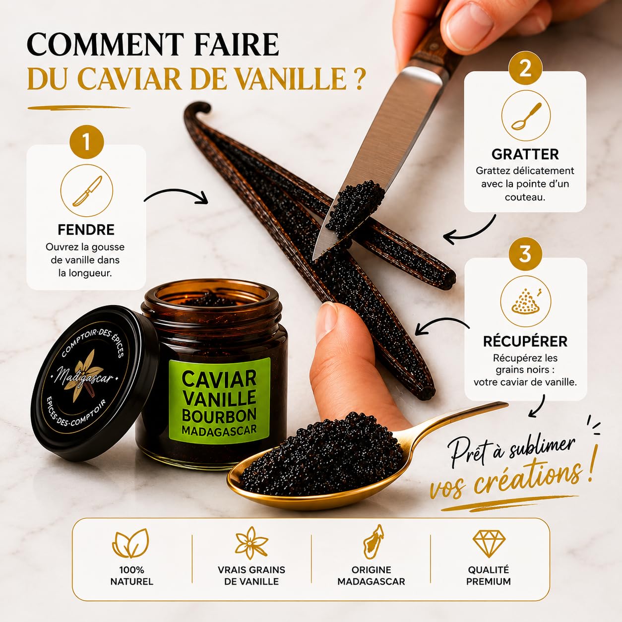 Caviar de Vanille 50g – Pulpe Pure de Vanille Noire Gourmet Madagascar – Qualité Ultra Premium – Direct Producteur Mada Organic – Idéal Pâtisserie & Gastronomie