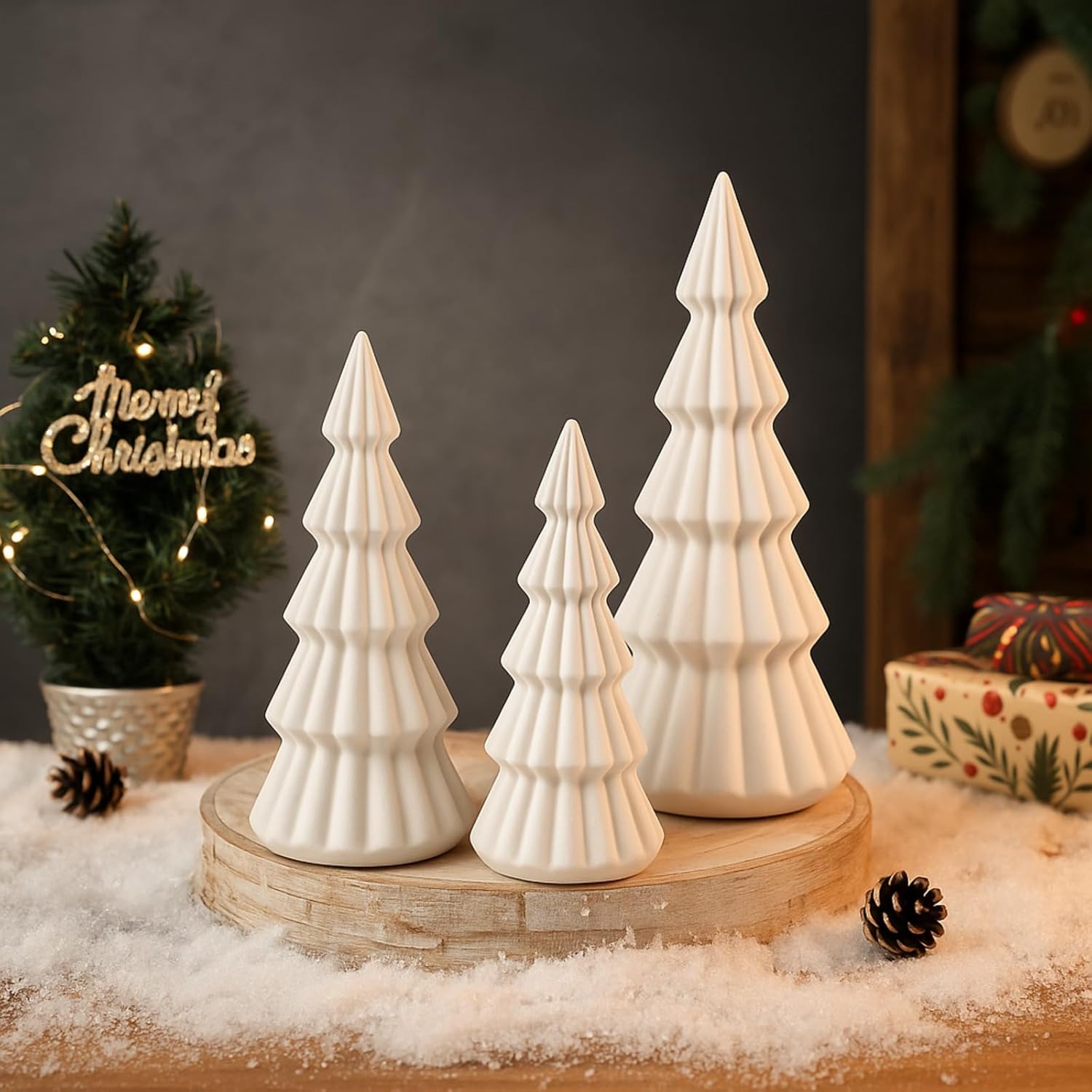 Set of 3 Velvet Ceramic Christmas Trees Decoration Large Modern Velvet Cone Christmas Tree Figurine Decor Holiday Xmas Winter Indoor Home Tabletop Mantel Centerpiece(Cream White)