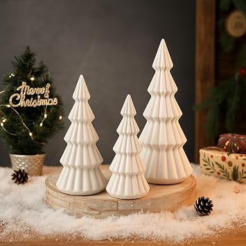 Set of 3 Velvet Ceramic Christmas Trees Decoration Large Modern Velvet Cone Christmas Tree Figurine Decor Holiday Xmas Winter Indoor Home Tabletop Mantel CenterpieceCream White