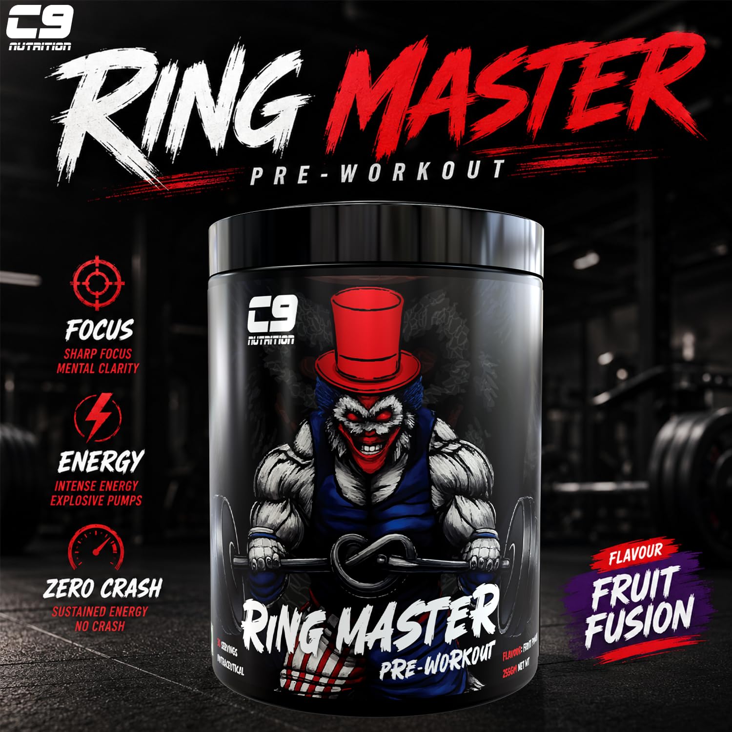 C9 Nutrition Ring Master Pre Workout Powder for Men & Women - 30 Servings, 255gm | 3000mg Beta Alanine, Citrulline Malate, Taurine & Creatine | High Energy, Pump, Strength & Focus (Fruit Punch) — Amazon image 2