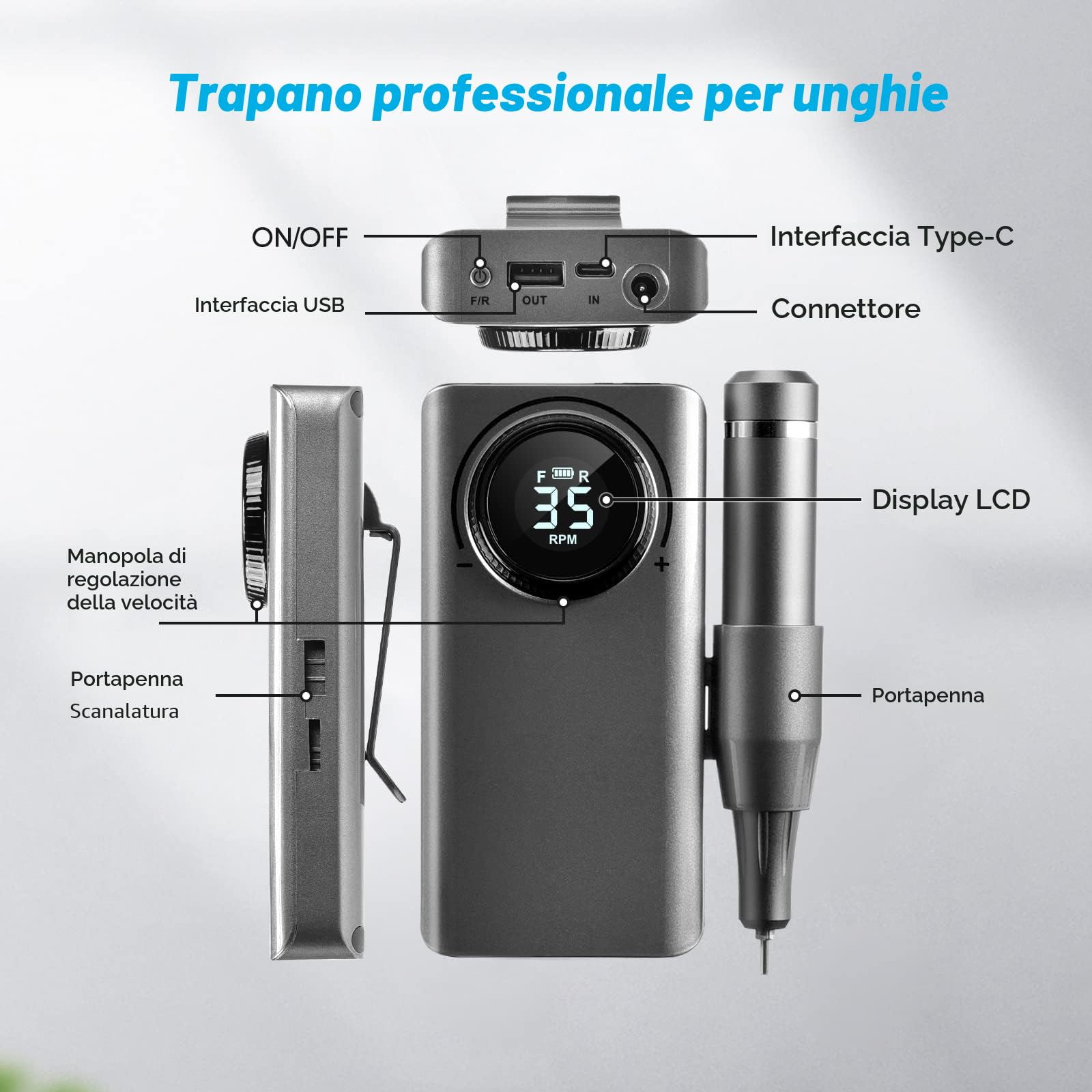 Fresa per Unghie Professionale 35000 RPM Portatile Ricaricabile Lima per Unghie Elettrica Velocità Regolabile Manicure Set Trapano Elettrico con Display a LED per Saloni di Unghie, Manicure DIY