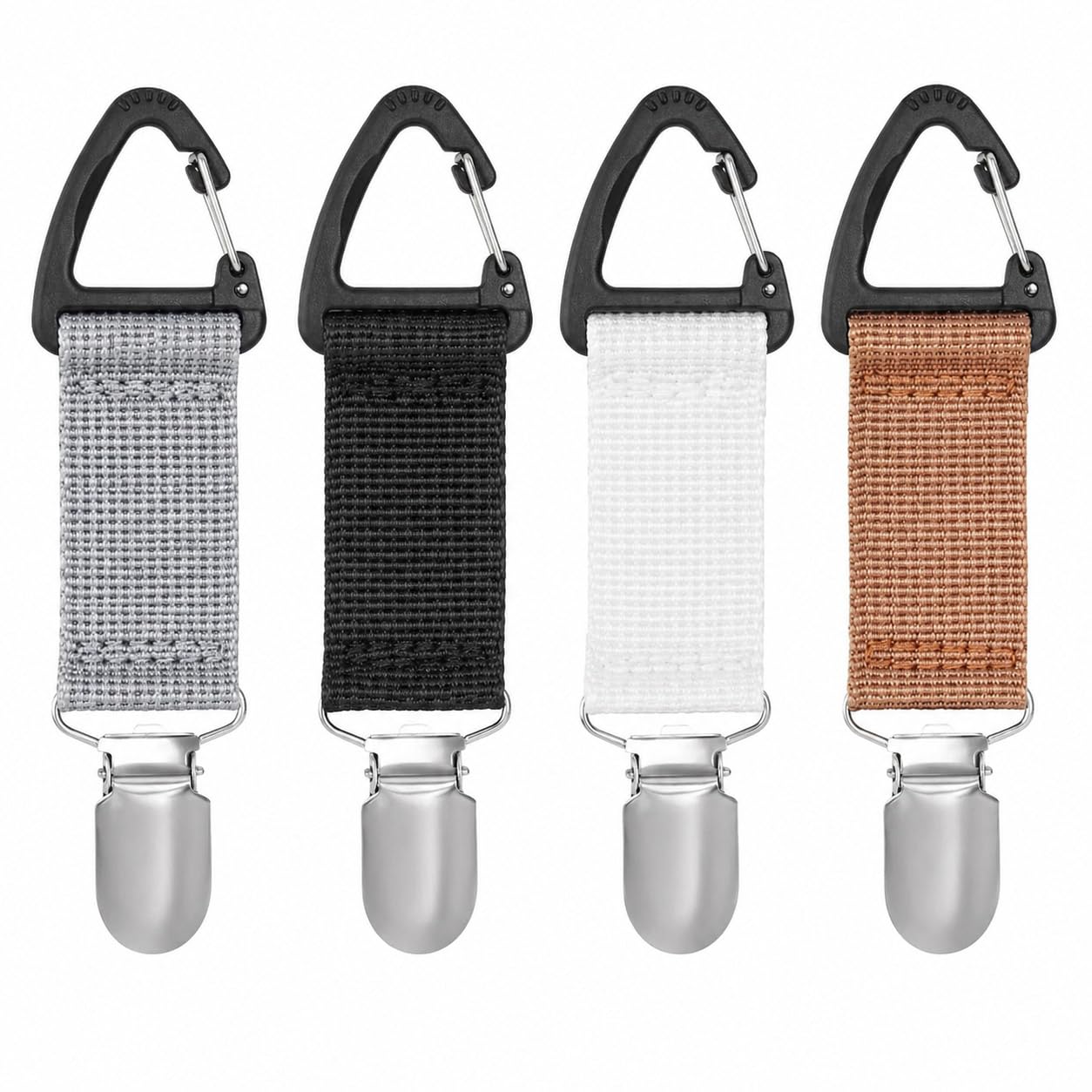 4 Pack Travel Hat Clips, Hat Holder for Bags with Alloy Snap Hook & Metal Clip, Hands Free Hat Keeper for Tote Bags, Backpacks, Luggage, Ideal for Travel & Daily Use (Grey, Black, White, Khaki)
