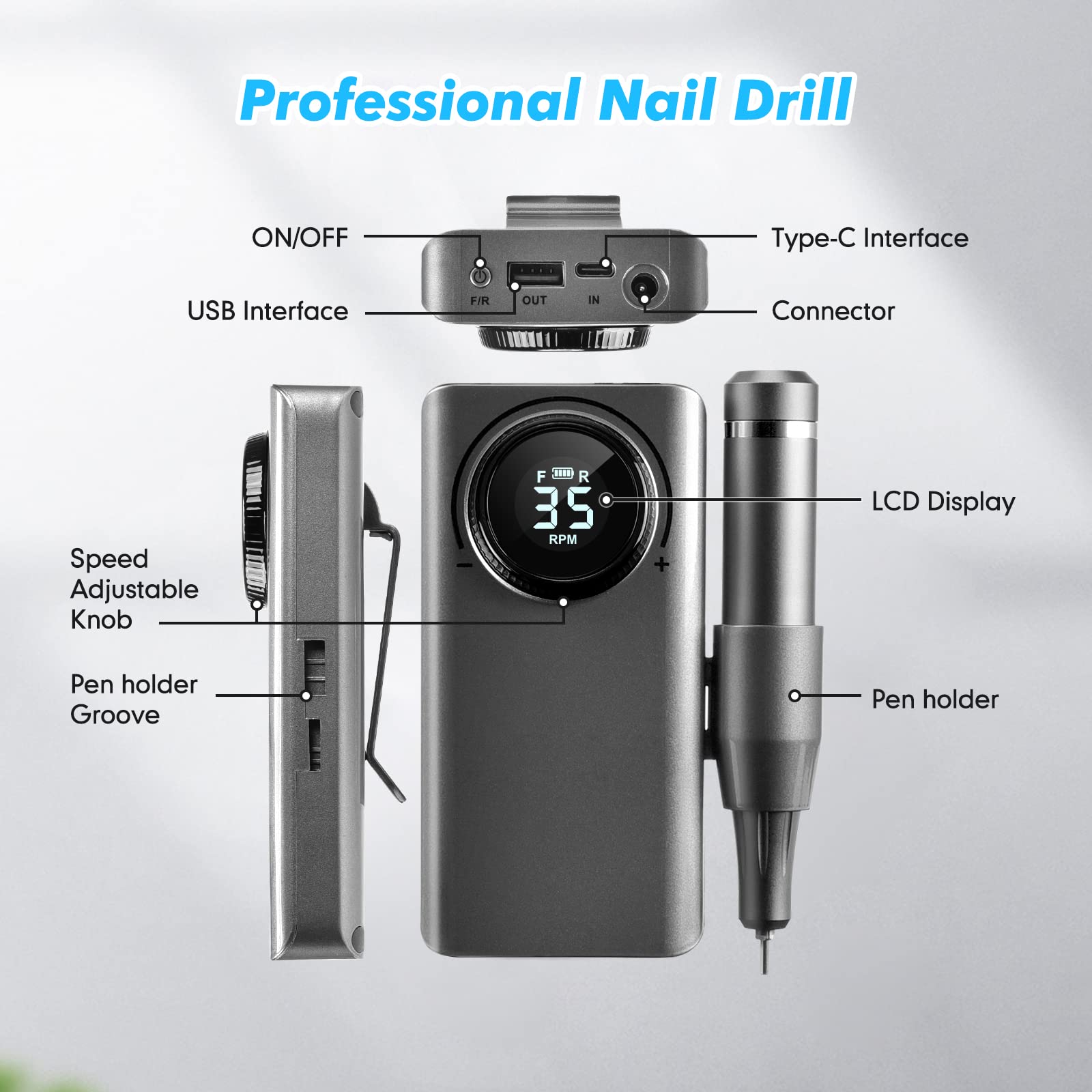 Elektrische Nagelfräser für Gelnägel 35000 U/Min Elektrische Nagelfeile Professionell Fräser für Gelnägel LED-Display USB-Aufladung Tragbar Electric Maniküre Set für Gelnägel Acrylnägel DIY-Nagelkunst