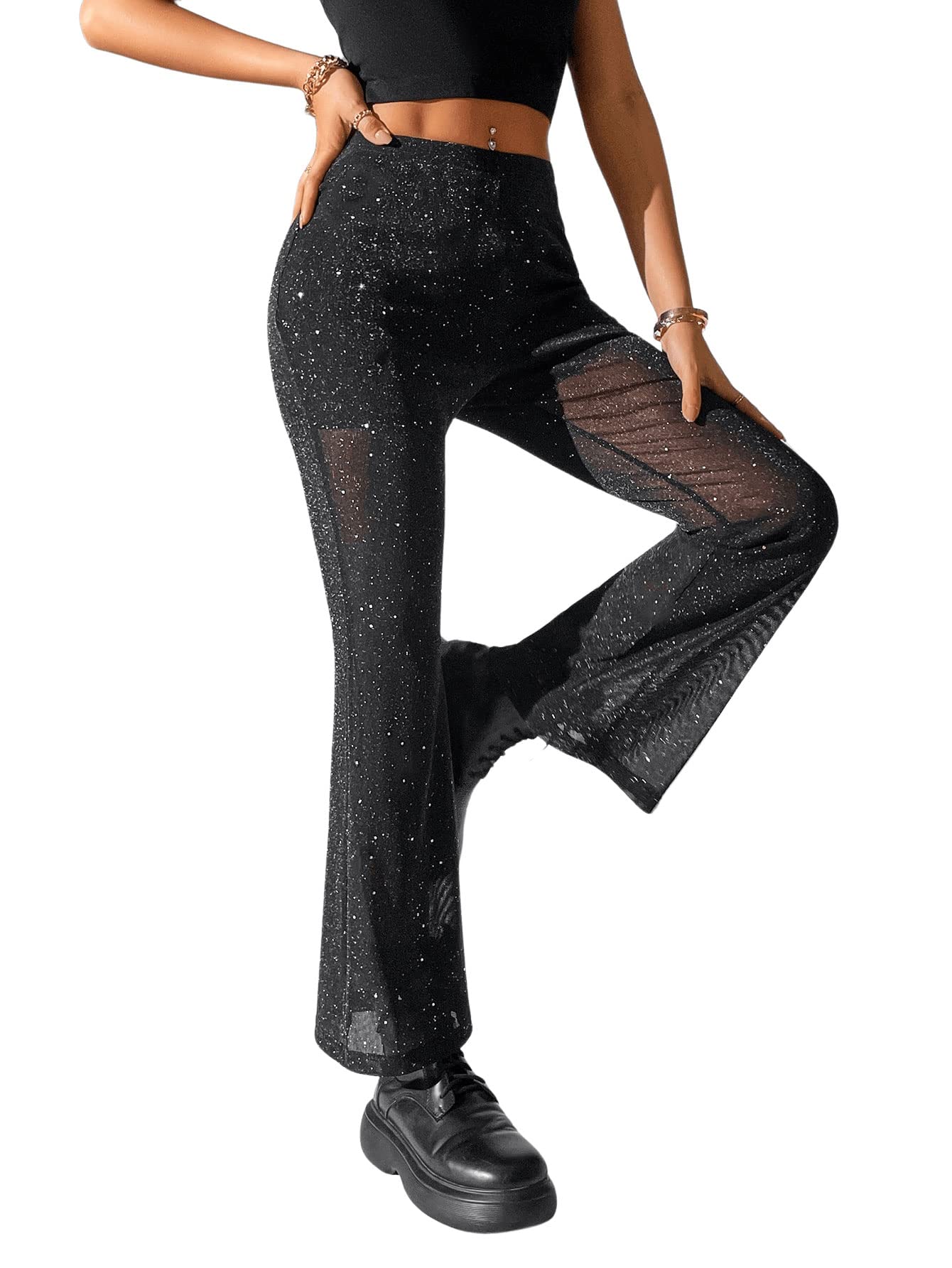 GORGLITTER Pantaloni a maglia da donna trasparenti a vita alta, con glitter