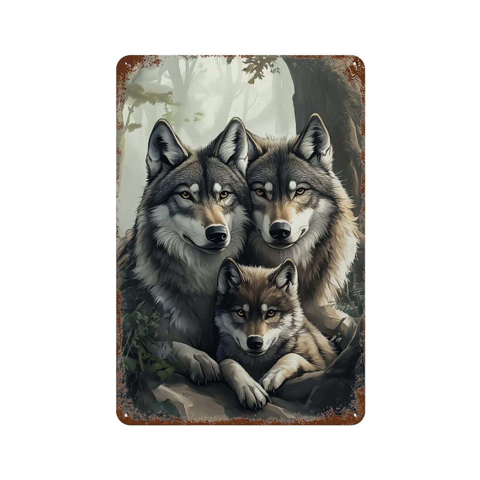 Wolf Family in Forest Weathered Tin Sign 11.8"x7.9", Ideal for Shed, Workshop And Garage Wall Decor