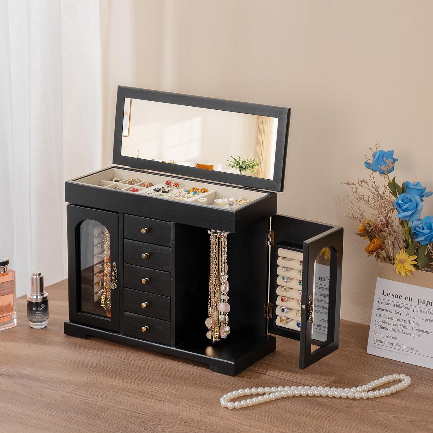 Joyeros Mujer Organizador, 6 Niveles Organizador Joyas Rústica con Espejo, Joyero Madera Grande para Collares, Pendientes, Anillos, Pulseras (Negro)