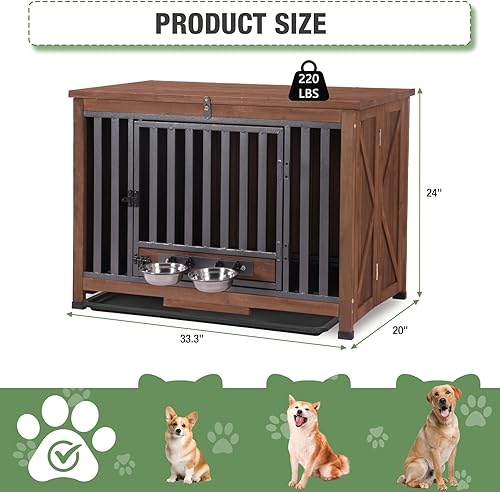 Miniatura 7 de Muebles de jaula para perros de 33.3 pulgadas, jaulas plegables para perros con cuencos giratorios de 360, jaula de madera para cachorros con marco