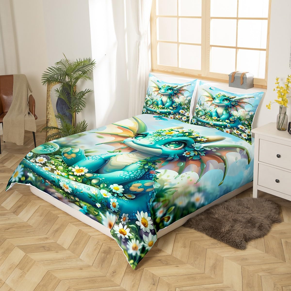 Castle Fairy Cute Dinosaur Bedding Set,White Daisy Duvet Cover for Kids Teens,Teal Dragon Comforter Cover Decorative Room,Lovely Animals Quilt Cover with 2 Pillowcases,King Size(No Comforter)