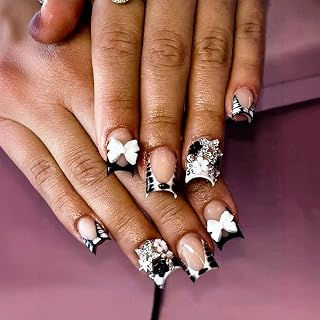 Short Square Press on Nails Black French Tip Fake Nails with 3D Bows Star Charms Design Full Cover Acrylic Nail Kit Black White Zebra Print Nail Tips False Nails Glossy Stick on Nails for Women 24Pcs