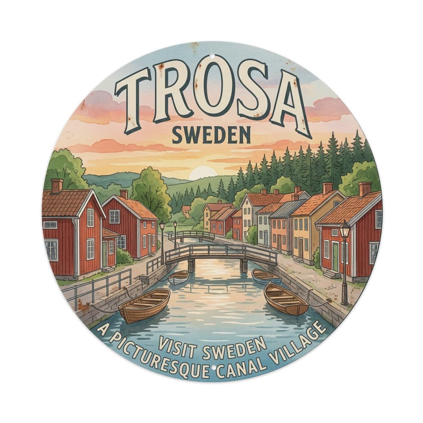 Vintage Travel Trosa Sweden Village Metal Tin Sign