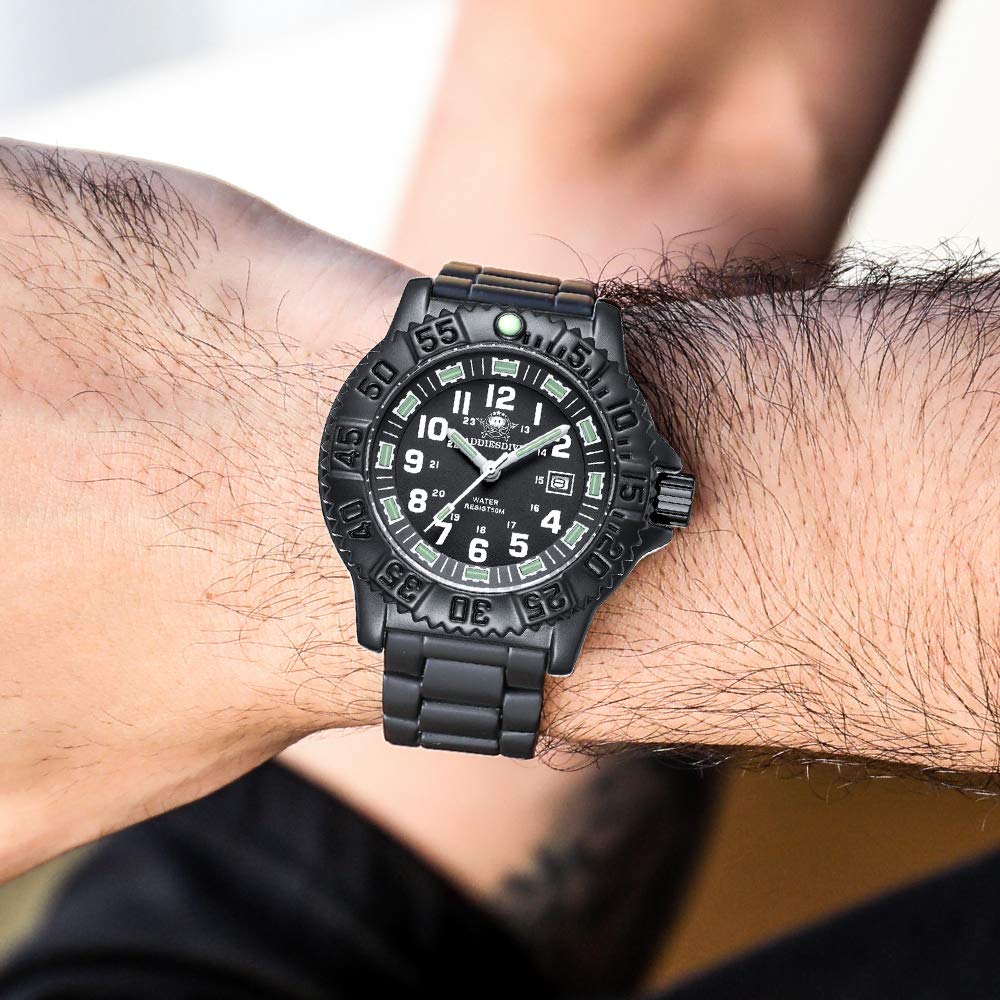 ADDIESDIVE Montre de Sport Homme Militaire Quartz Cadran 24 Heures Lumineux Étanche 50M Lunette Pivotante Acier Inoxydable