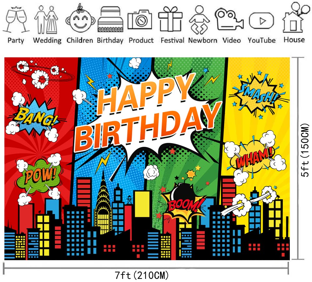 Sfondo a tema supereroe Città Paesaggio Architettura Stile fumetto Ragazzo Festa di compleanno Sfondo Baby Shower Torta Decorazione da tavola Banner Photo Booth Puntelli (2,1x1,5 m)