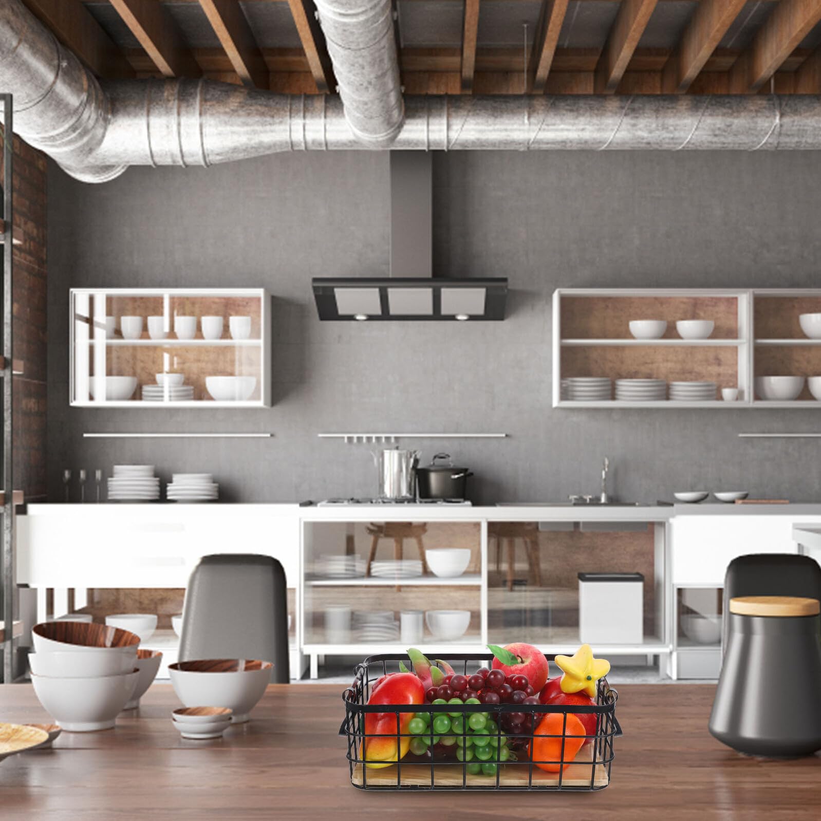 Cesta de Almacenamiento de Alambre Negra Asas de Hierro y Base de Madera | Organizador Multiuso para Cocina y Frutas, Diseño Sencillo y Práctico, Uso en Escritorio Doméstico