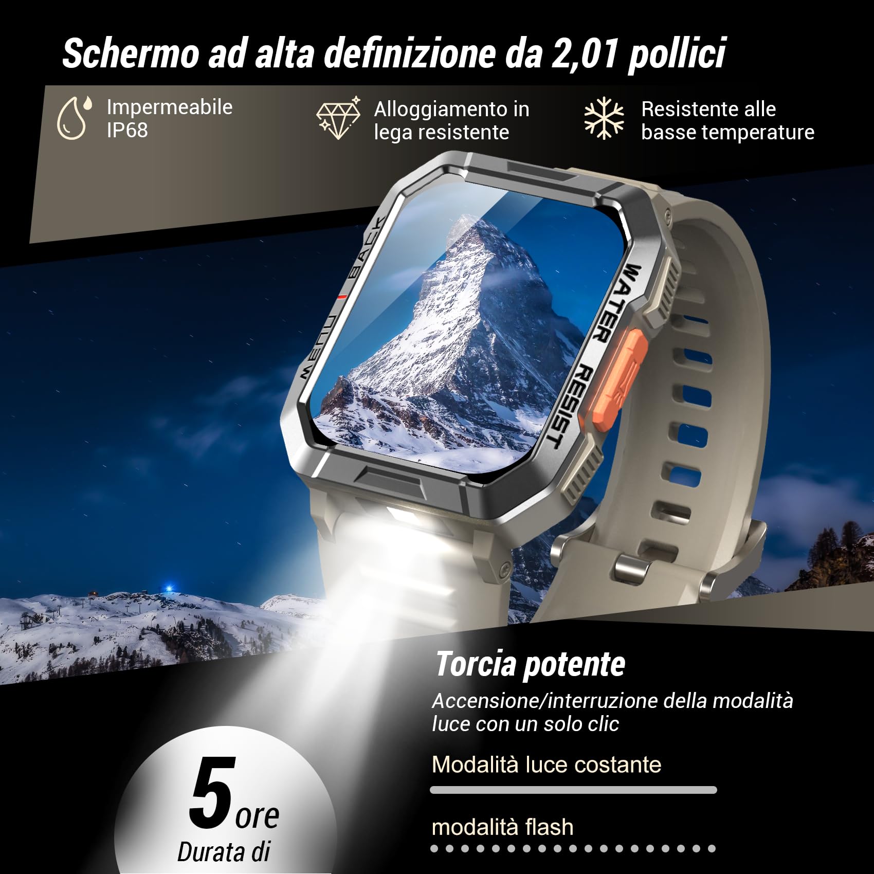 IOWODO Smartwatch Uomo,2.01“ Militari Smart Watch con Chiamate,Orologio Fitness Tracker con Torcia,100+ Modalità Sport Smart Watch con Contapassi/24H Cardiofrequenzimetro/Sonno per Android iOS