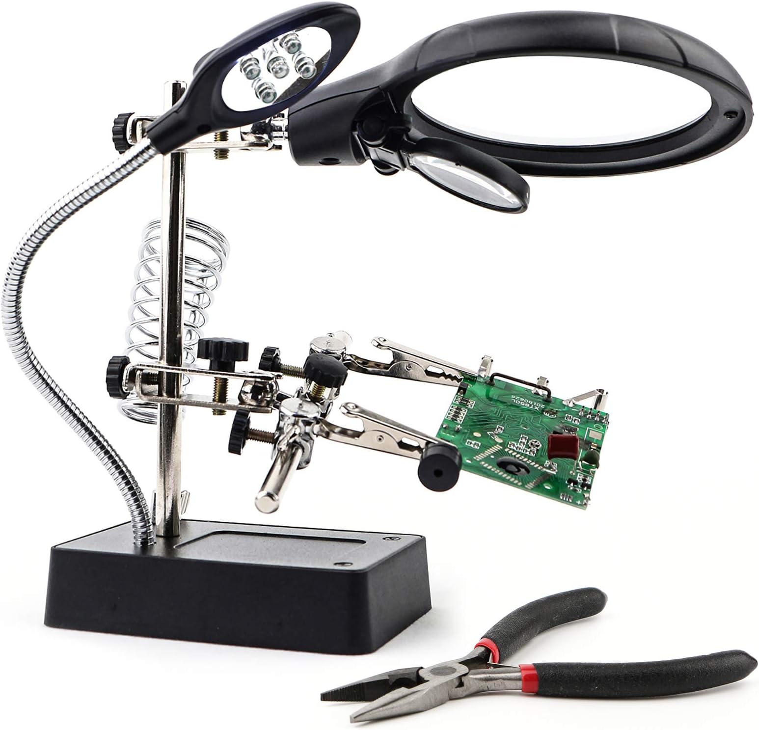 Toolwiz 2.5X 7.5X 10X Light Magnifier Station, Magnifying Glasses with Auxiliary Clamp and Alligator Clips Desk Stand Helping Hands for DIY Repair Solder Works - incl. Pliers
