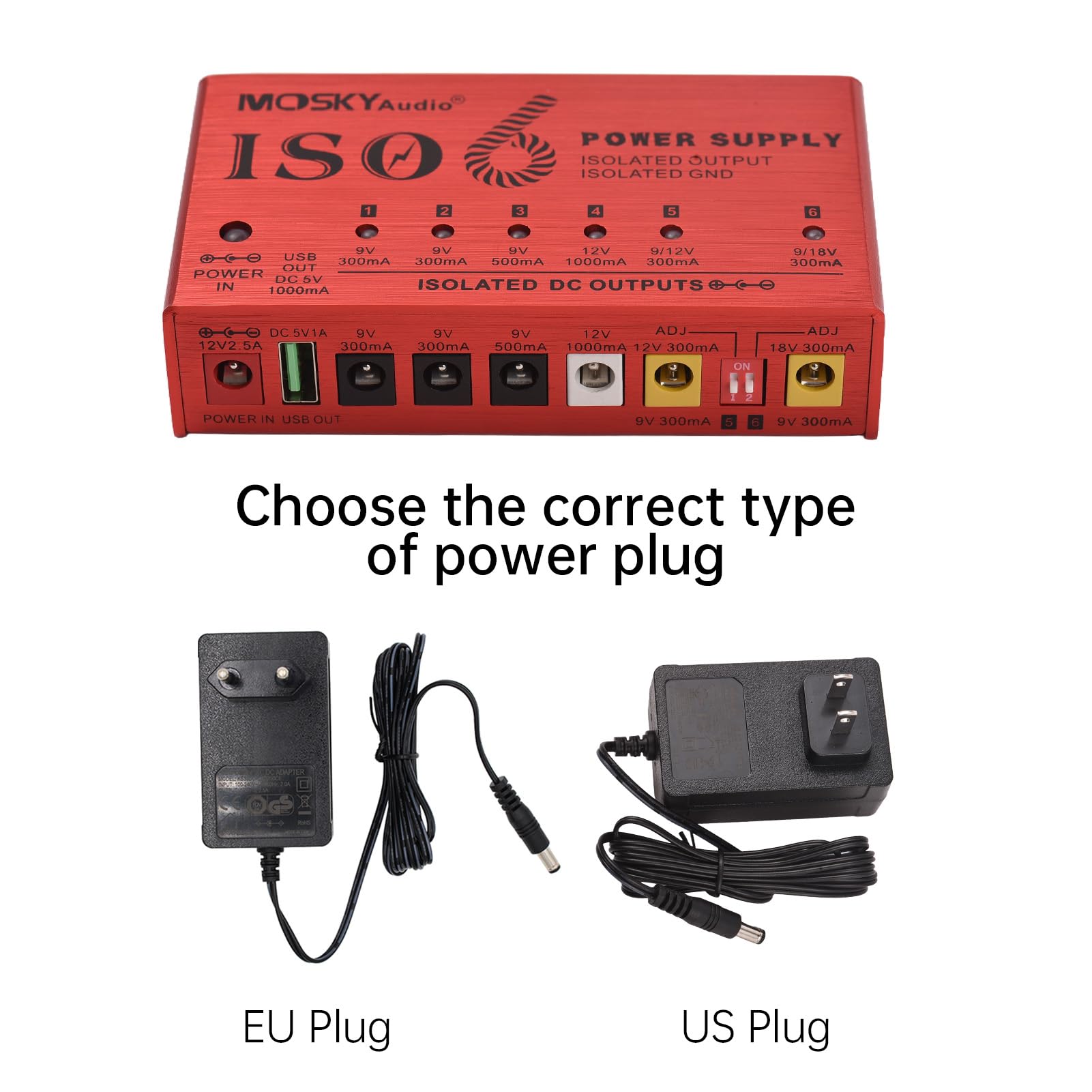 Alimentatore per Strumenti Musicali a 7 canali con Protezione da cortocircuito Indicatore di Alimentazione a LED 6 uscite CC e 1 Uscita USB per Pedale Effetto Chitarra Altri