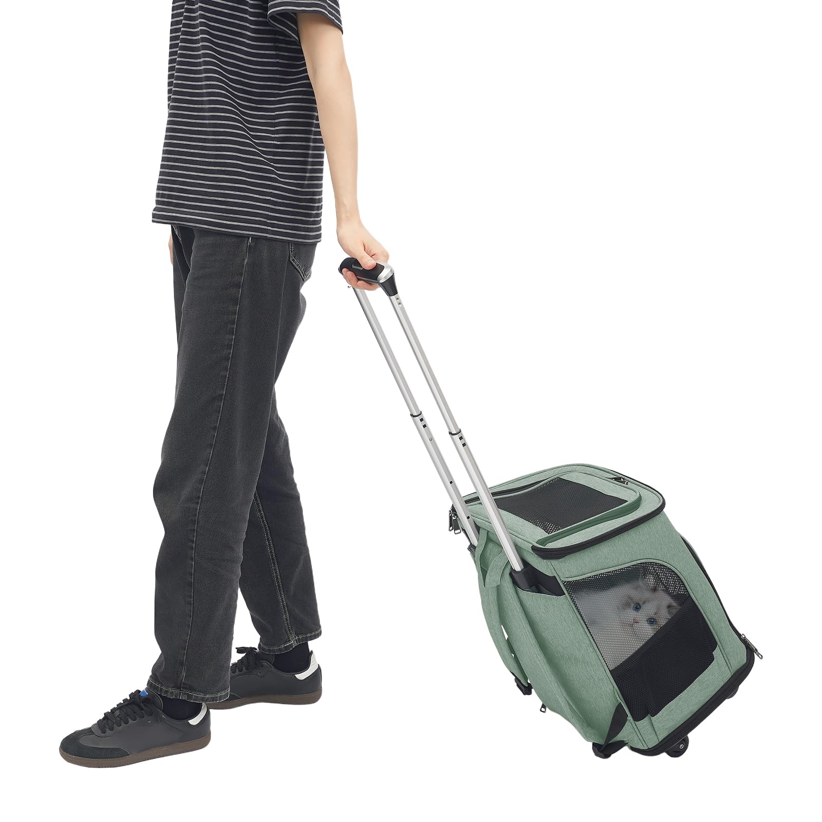 Carrito para perros con ruedas, giratorio 360°, transportín con bolsillos, mochila 2 en 1, mochila para mascotas, bolsa para perros con puerta y ventana, transpirable para gatos pequeños