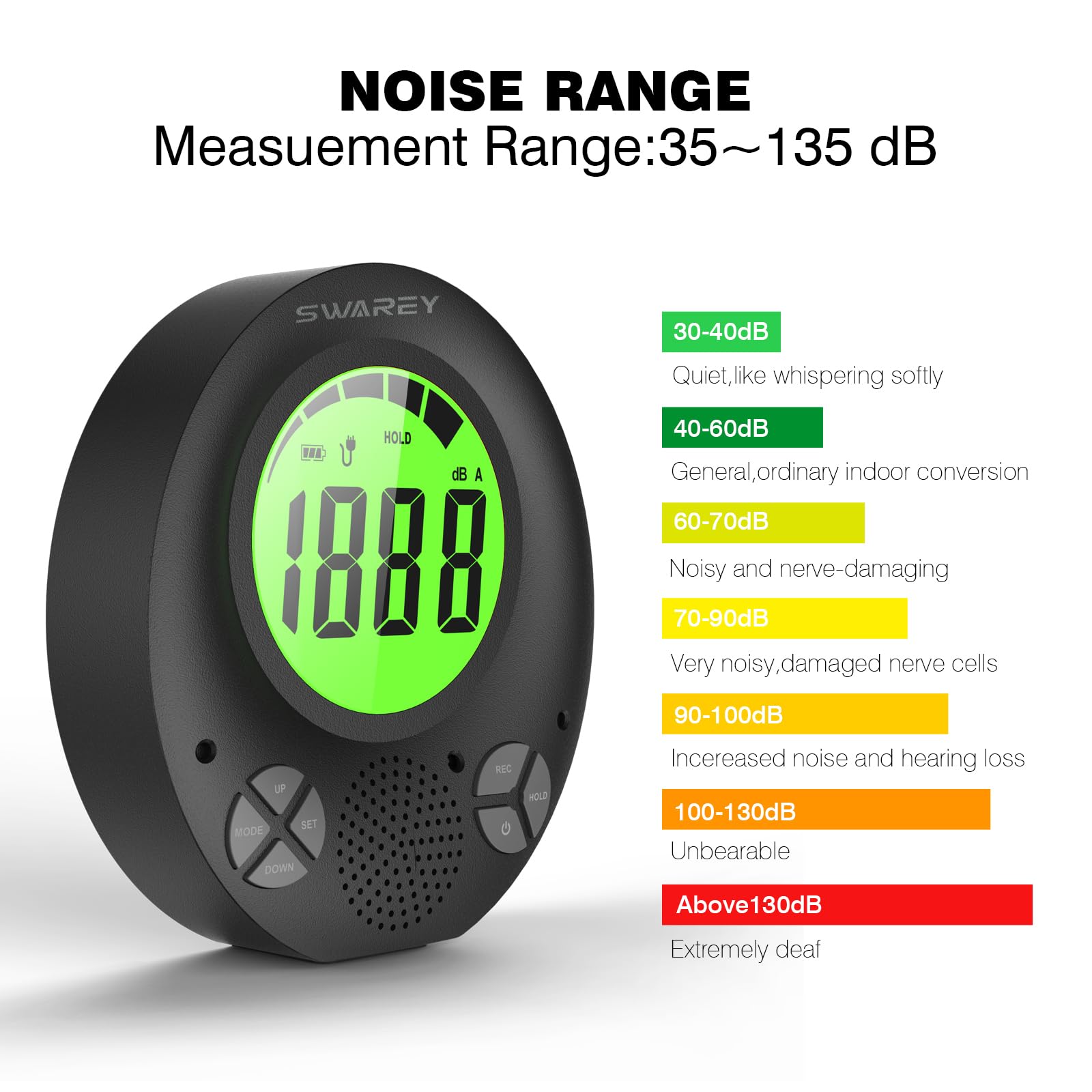 Medidor de decibelios digital, medidor de nivel de sonido de 35 dB a 135 dB con alarma silenciosa, medidor de nivel de sonido para escuelas, hospitales, templos, bibliotecas, teatros