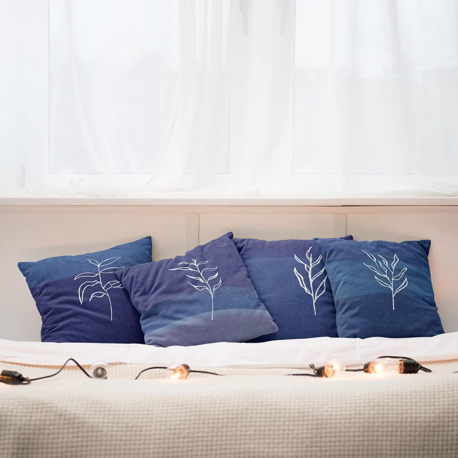 Ambesonne Leaves Throw Pillow Cushion Case Pack of 4, Line Art Branches Leaf Print Monochrome Bold Striped Color Change Backdrop, Modern Accent Double-Sided Digital Printing, 18", Blue Violet Indigo
