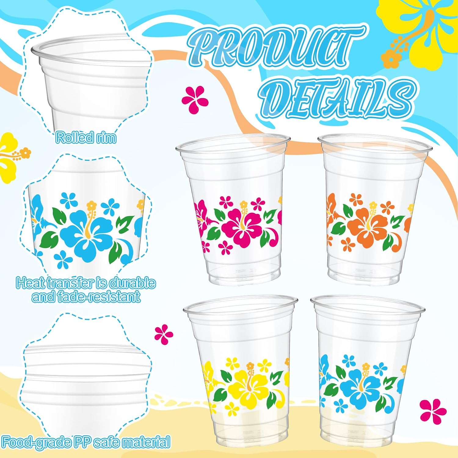Jingmore 100 Set 12 oz Hawaiian Plastic Cups with Umbrella Straws Hibiscus Disposable Drinking Cups for Beach Hawaiian Luau Party Supplies Drinkware Decorations