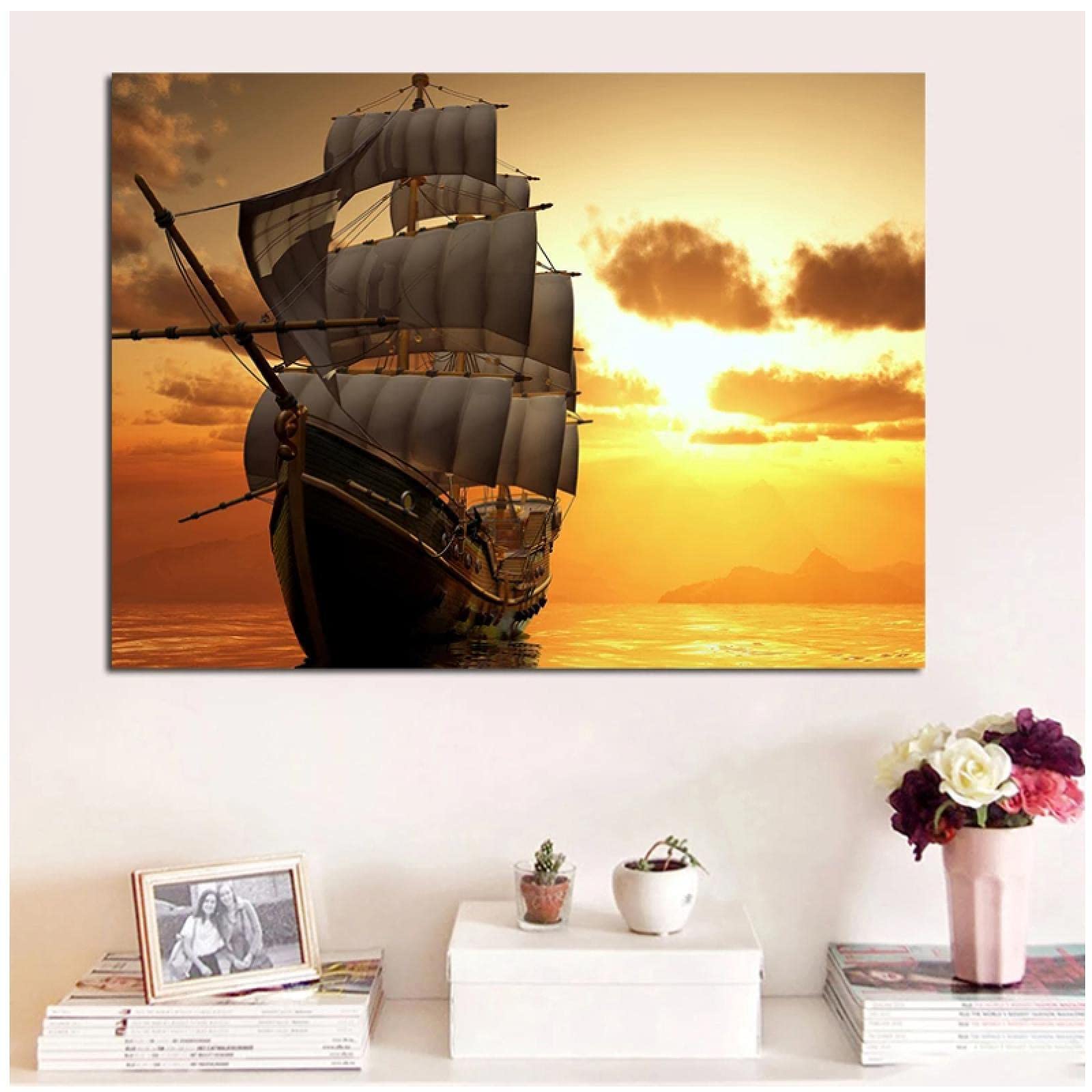 Impression Sur Toile Représentant Un Bateau à Voile Dans La Mer - Œuvre D'art Moderne - Décoration D'intérieur Moderne - Cadre En Bois - Prêt à être Accroché - 106,7 X 71,1 Cm