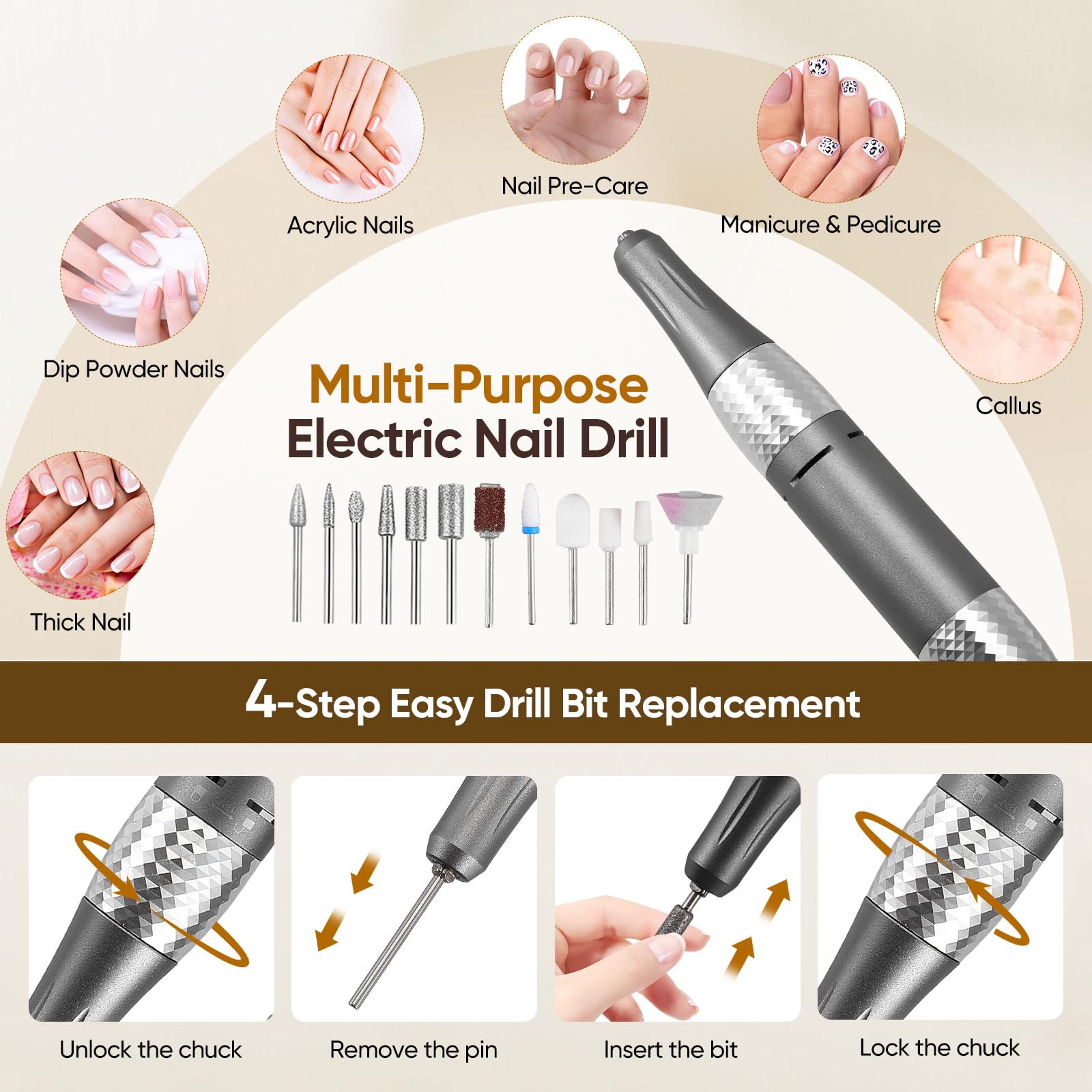 Torno para Uñas Profesional, 45,000 RPM Lima Electrica Uñas Profesional, Kit 11 Fresas Brocas, 56 Tiras Abrasivas, Pantalla táctil LCD, Quitar Acrílico Gel/Esmalte/Callos, para Uso Doméstico Salones