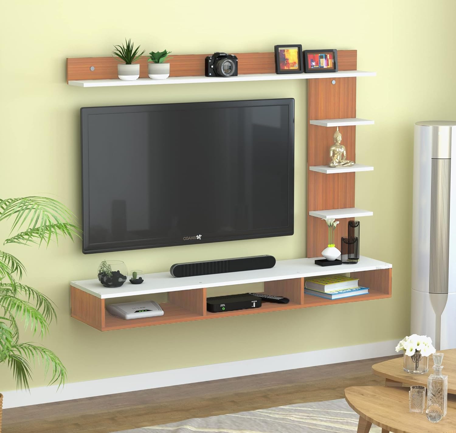 SNQ Floating Wall-Mounted TV Entertainment Unit with Open Shelves, Teak White Finish-image-36
