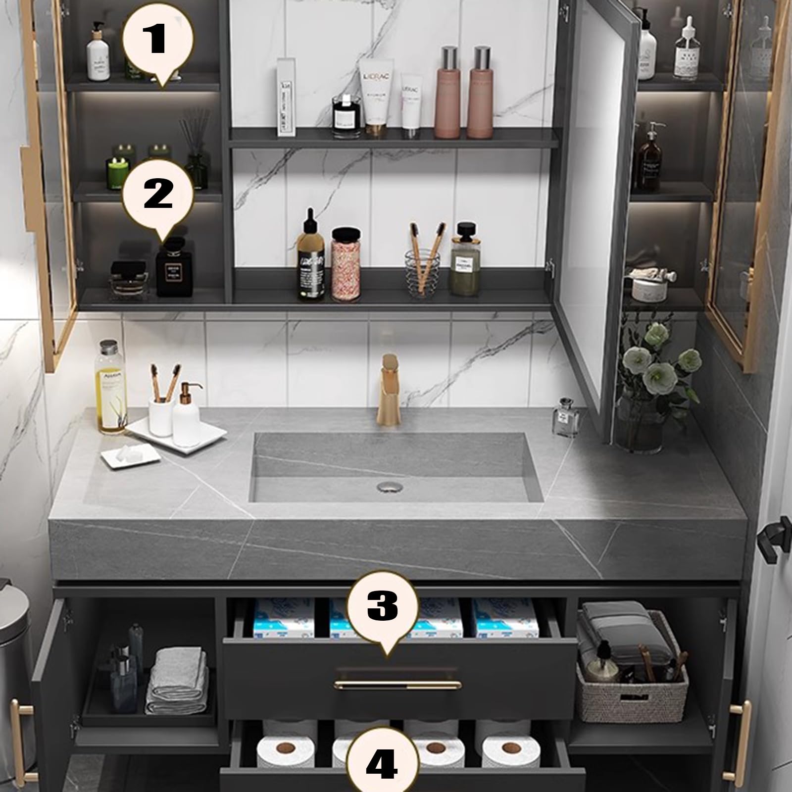 Juego De Muebles De Baño con Lavabo, Mueble De Baño con Cajones Y Gabinete De Espejo De Iluminación LedPink,130cm/51in