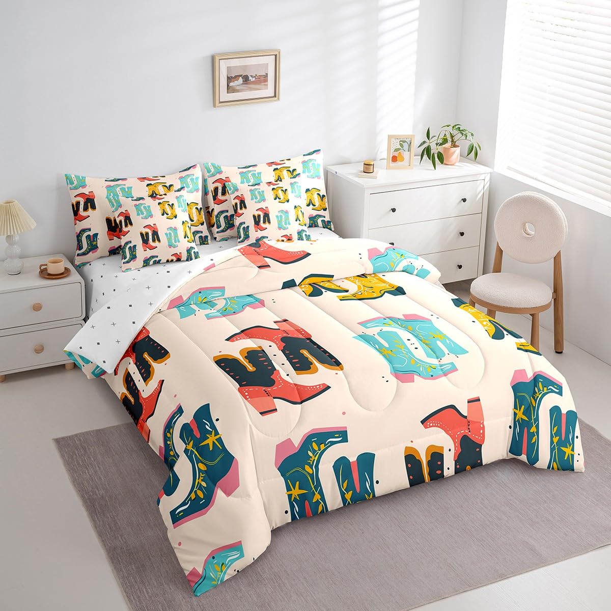 Erosebridal Cowboy Boots 7 Piece Comforter Set Full Bed in a Bag,Exotic Watercolor Bedding Sets Western Sheet Set with Comforter