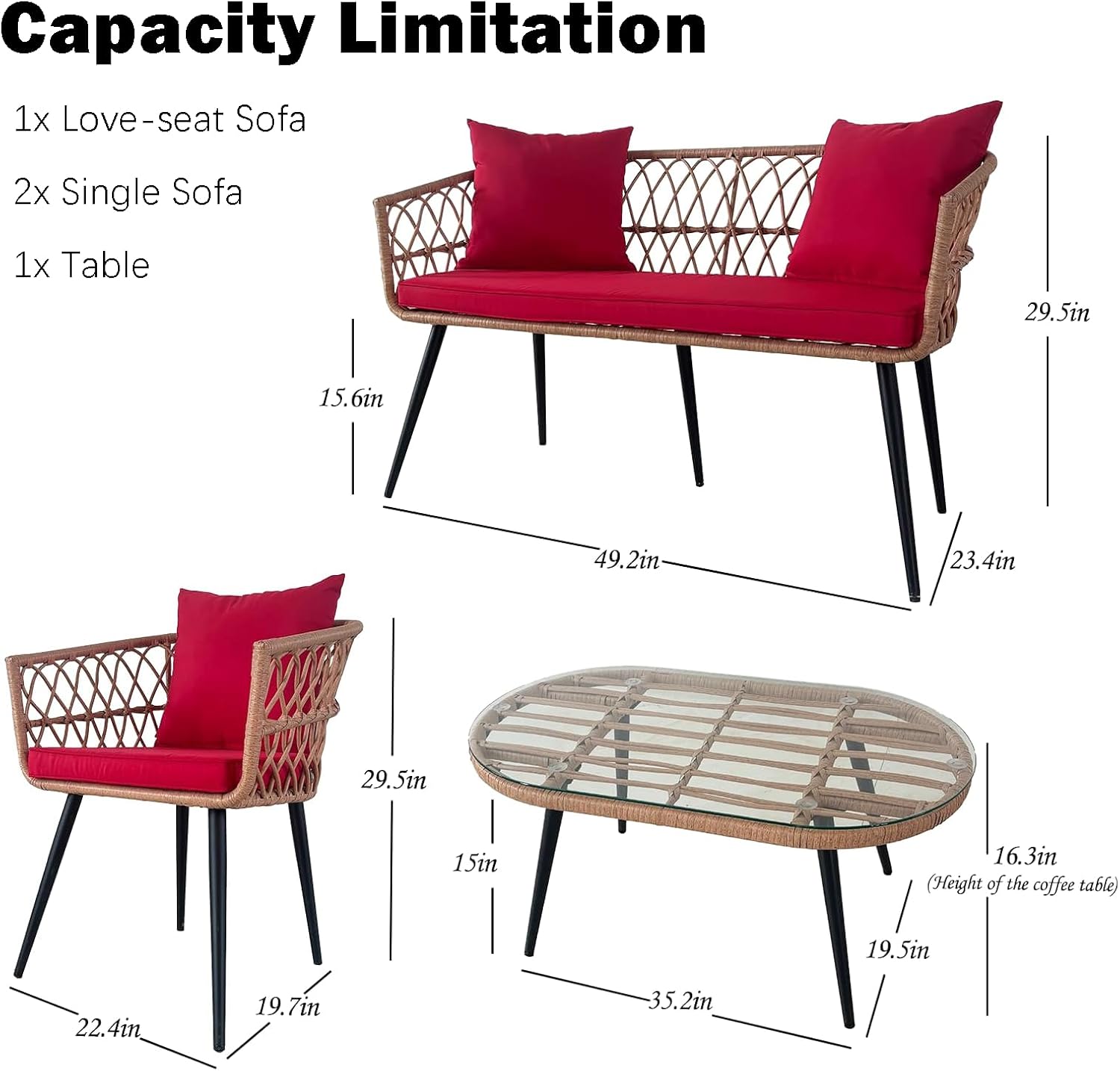 4 Piece Patio Furniture Set,Outdoor Conversation Set with Wicker Sofa, 2 Rattan Chairs and Glass Table, Patio Bistro Set with All Weather Cushions, for Garden, Porch, Backyard (Red)