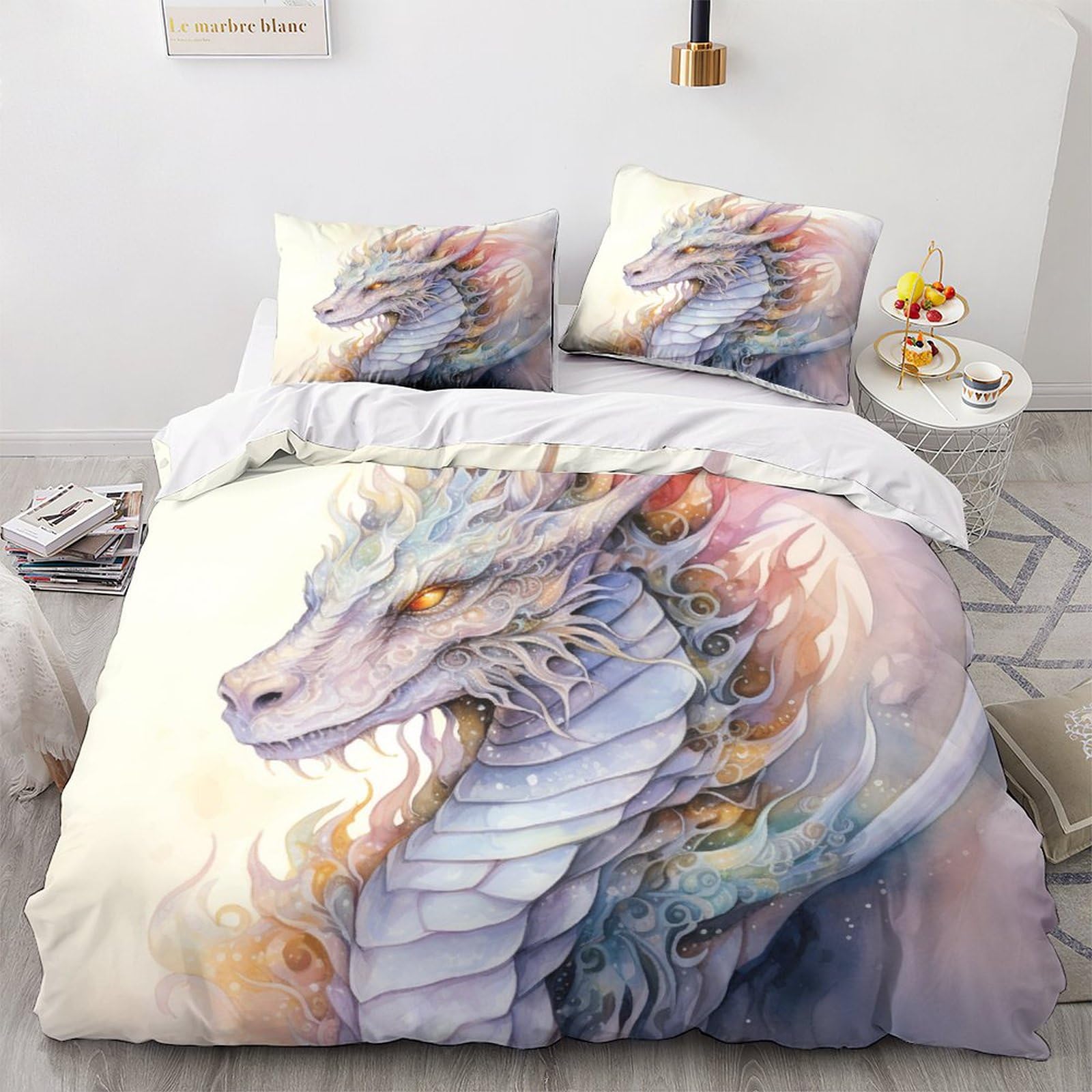 GEEYOU Dragon Cotton Duvet Cover Ivory Various Sizes Quilt Cover Bedding Set Soft & Cozy Percale Weave Dragon King Comforter Cover with Zipper Closure for Kids Adults King（220x240cm）