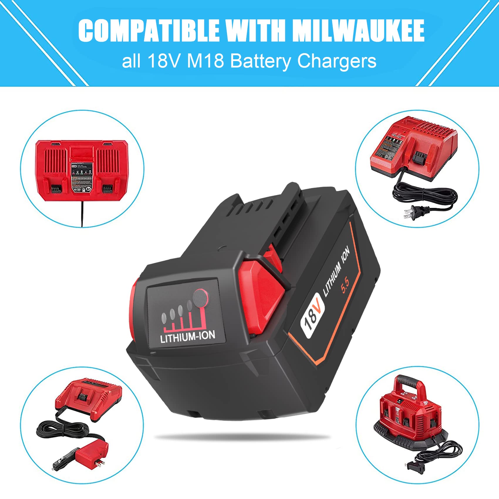 Bateria 2X 5,5 Ah M18 do elektronarzędzi Milwaukee 18 V | Akumulator lithium ze wskaźnikiem LED o dużej pojemności do Milwaukee M18 Bateria 48-11-1850 48-11-1812