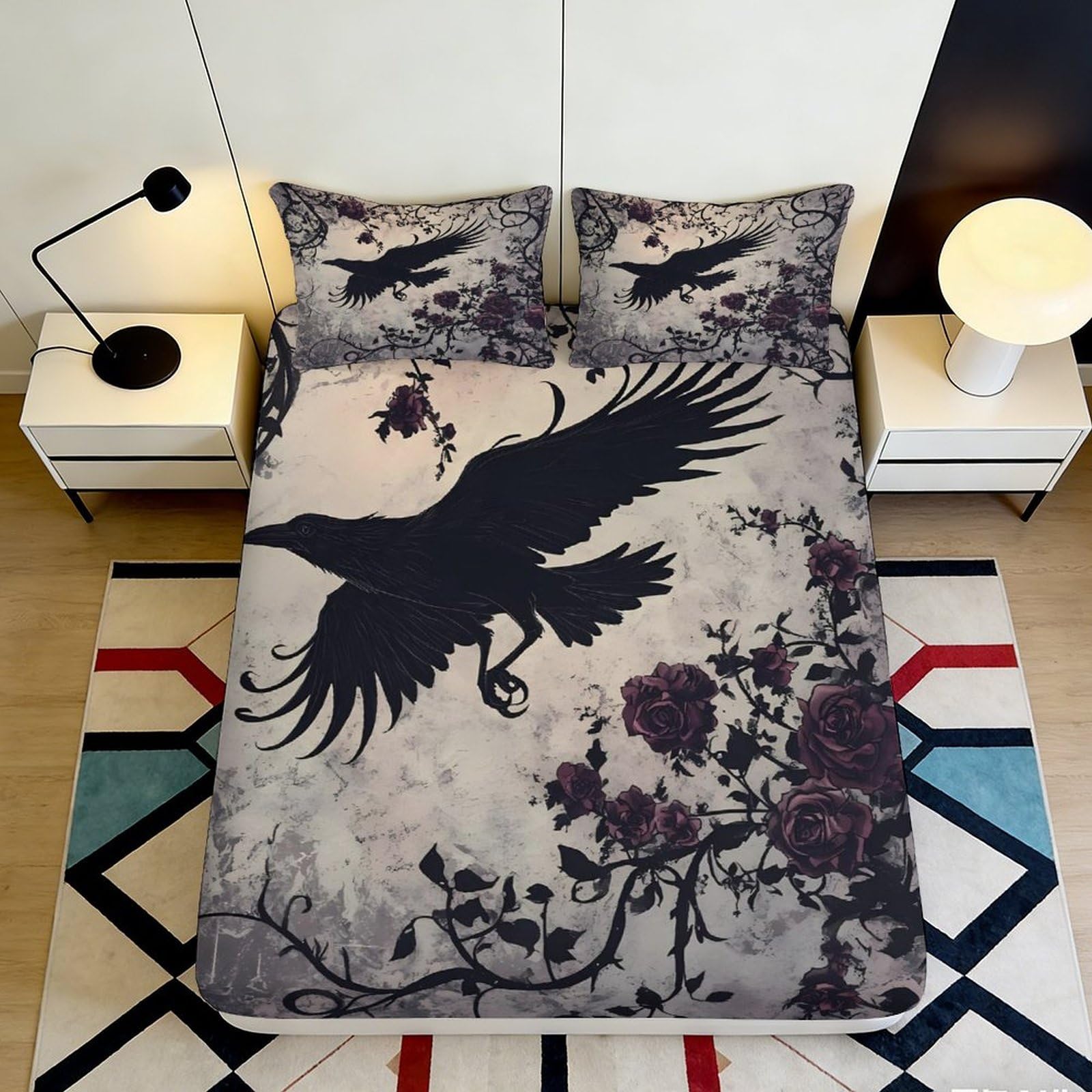 Jqzkxnhpbr Style-8 3D Printed Raven Forest Fitted Sheet Microfiber Soft Black Bird Bed Cover For Bedroom Guest Room Mattress Decor 90X200x25cm