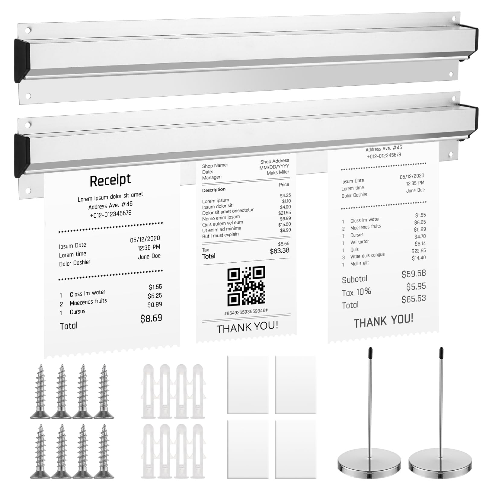 4PCS Restaurant Ticket Holder Set Including 2 Aluminum Slide Check Racks and 2 Stainless Steel Ticket Spike Stabber 16 Inch Desk Receipt Holder Order Rack for Restaurant Kitchen Cafes Pubs Bars