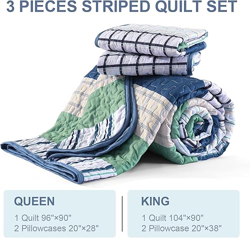 Vista 100 de DJY Juego de edredón a rayas tamaño Queen, juego de colcha bohemia de 3 piezas de color verde salvia, juego de ropa de cama de microfibra suave