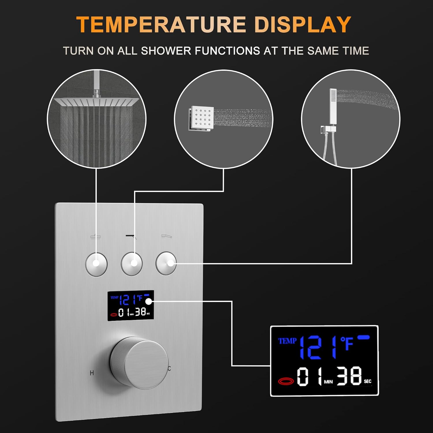 Brushed Nickel 3 Way Shower Diverter Valve AYIVG Thermostatic Shower Mixing Flow Control Valve Temperature Display Shower Rough-In Mixer Valve Kit Can Use All Options At a Time