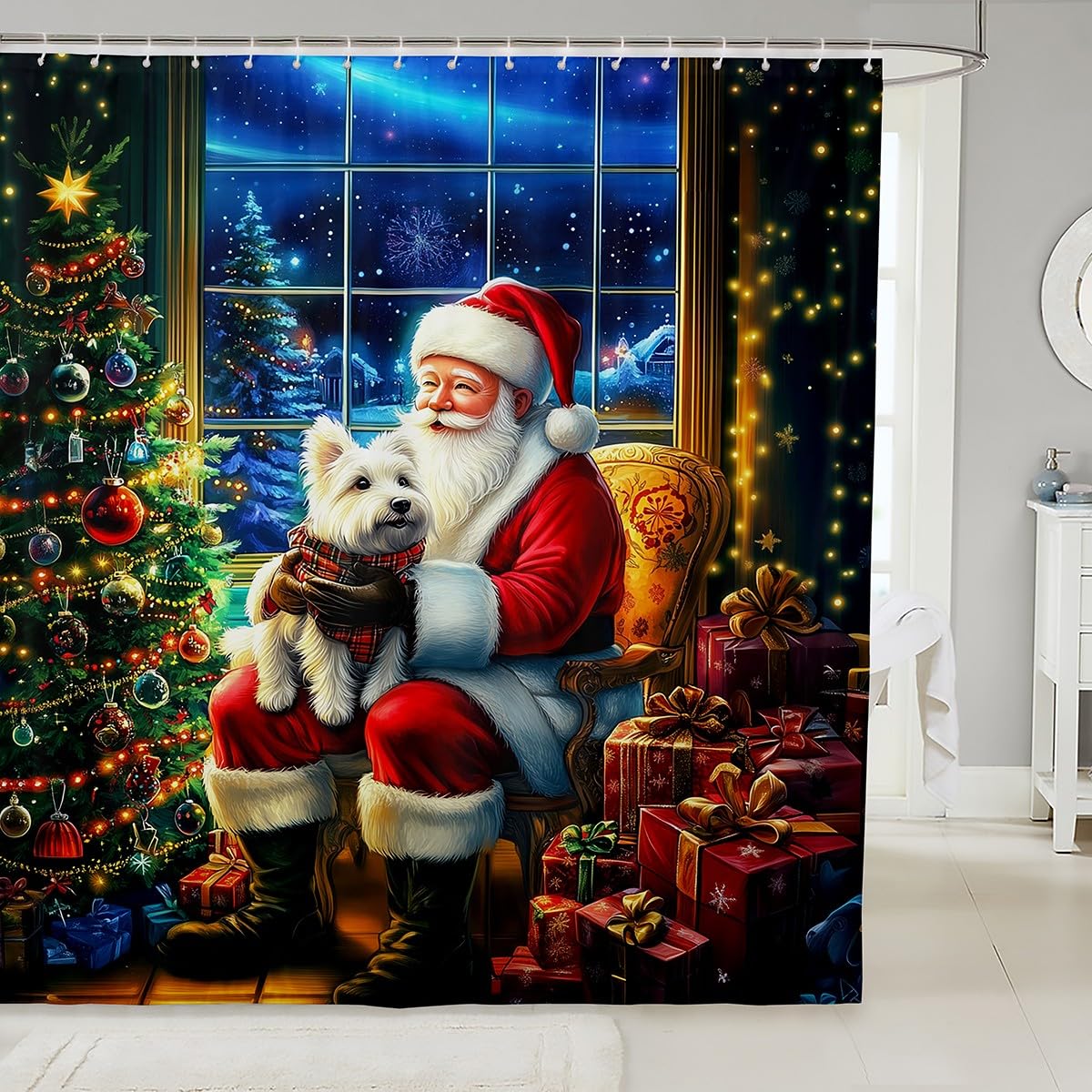 Homewish Santa Claus Shower Curtain Set,Christmas Tree Xmas Ornaments Bathroom Curtain for Kids Boys Girls,Cute Dog Pet Bathroom Set West Highland White Terrier Fabric Shower Curtain 72" Wx72 L