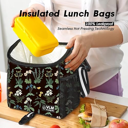 Miniatura 9 de VLM Bolsas de almuerzo para mujer, lonchera floral aislada a prueba de fugas con correa ajustable para el hombro, reutilizable, con cremallera, para